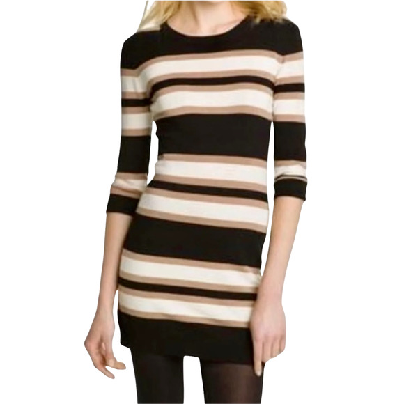 French Connection Dresses & Skirts - French Connection Bodycon Sweater Dress Size 2 Striped Black Tan 3/4 Long Sleeve